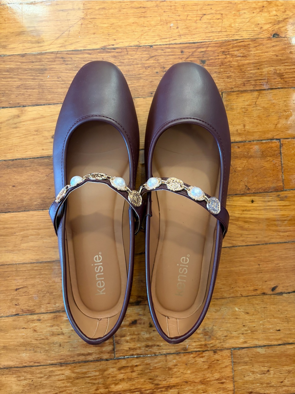 Kensie Women's Burgundy Mary Jane Flats with Jeweled Strap Accent